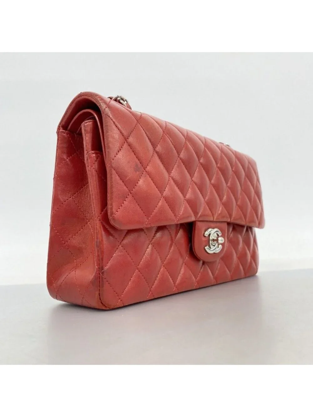 Chanel Shoulder Bag Quilted Lambskin Red Silver